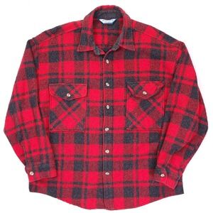 Fieldmaster Mens Red Black Buffalo Plaid Wool Blend Flannel Shirt Large Vintage
